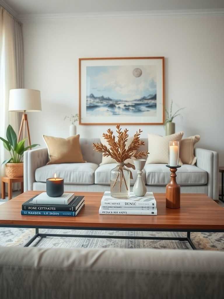 A modern luxury living room coffee table arrangement featuring books, a candle, a vase with dried flowers, and decorative elements.