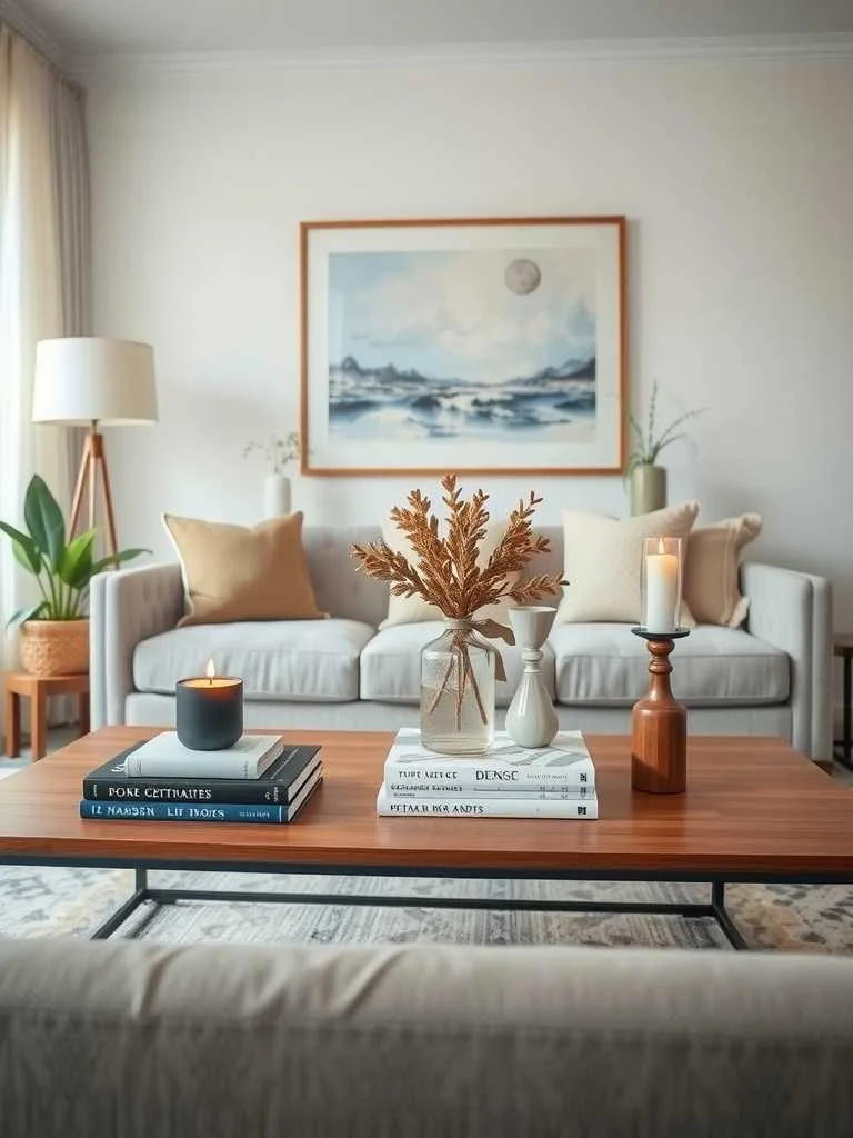 22 Modern Luxury Living Room Decor Ideas for Elegant Spaces 15 A modern luxury living room coffee table arrangement featuring books, a candle, a vase with dried flowers, and decorative elements.