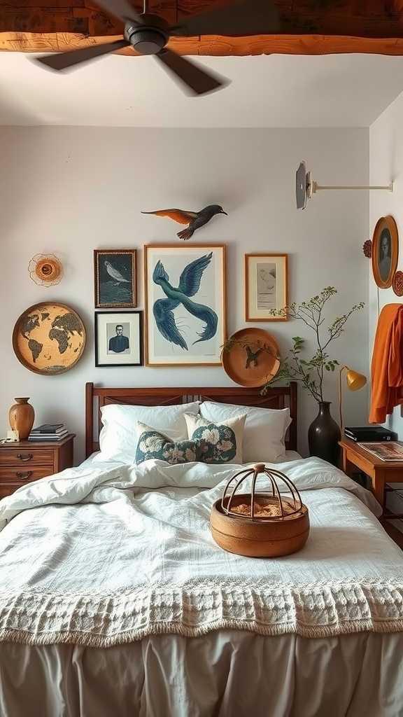 A cozy bedroom with a bed, framed artworks on the wall, and personal artifacts on display.