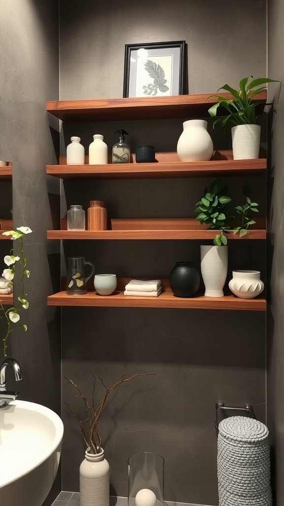 A cozy bathroom with curated shelves displaying plants and meaningful artwork.