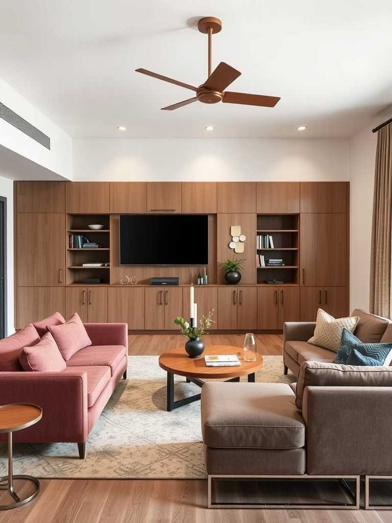 A modern luxury living room featuring customized furniture solutions, showcasing pink and brown sofas, a round coffee table, and wooden shelving.