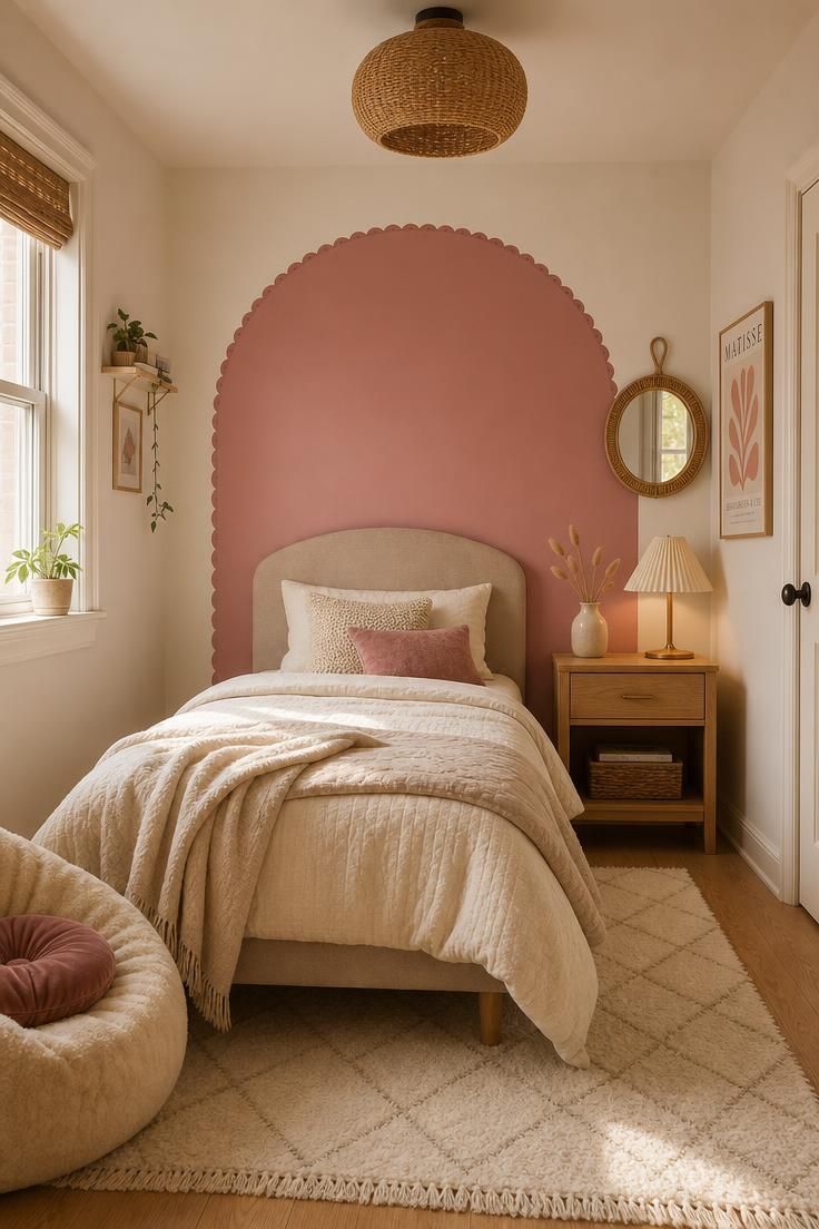 11 Cute Bedroom Ideas for Teens That Feel Super Cozy 1 Teen bedroom with a dusty rose painted headboard arch above a bed with cream bedding, rattan mirror, and oak nightstand with dried grass stems.