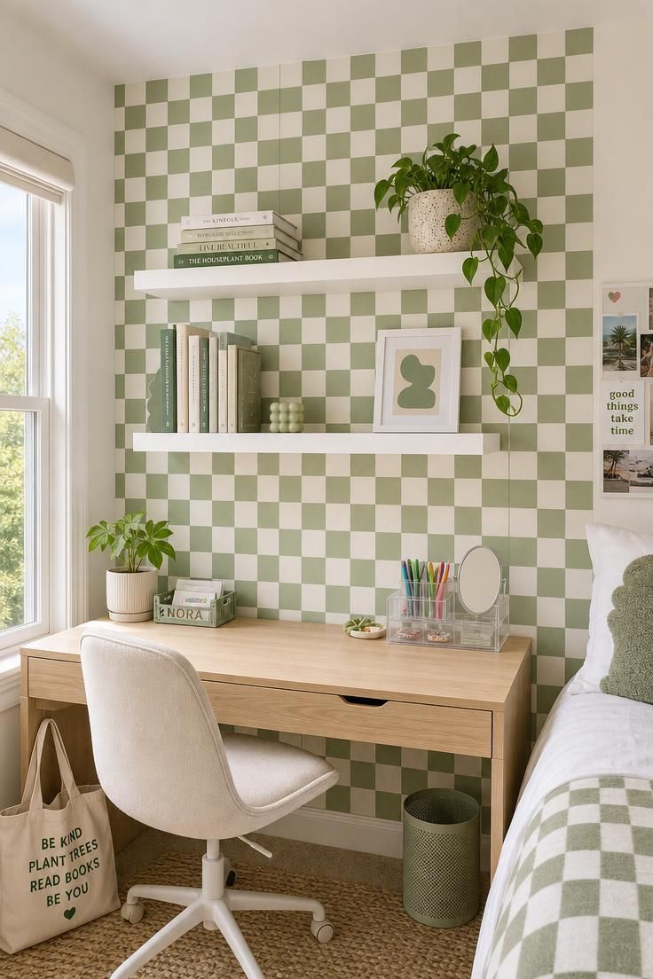 11 Cute Bedroom Ideas for Teens That Feel Super Cozy 2 Sage green and ivory checkerboard wallpaper behind white floating shelves styled with books, a trailing pothos, and a framed print above a teen desk.