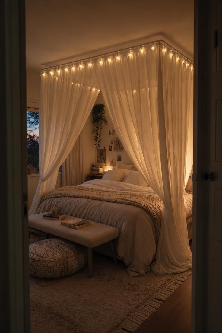 11 Cute Bedroom Ideas for Teens That Feel Super Cozy 3 DIY fabric canopy over a teen bed with semi-sheer ivory curtains and warm-white LED lights glowing softly along the top edge.