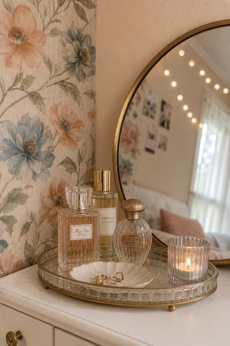 11 Cute Bedroom Ideas for Teens That Feel Super Cozy 4 Teen vanity with round brass mirror and floral peel-and-stick mural, styled with a glass tray of perfume bottles and a tea light.