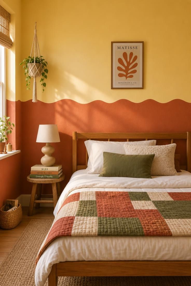 11 Cute Bedroom Ideas for Teens That Feel Super Cozy 5 Teen bedroom wall with a wavy color-block paint line between butter yellow and terracotta, with a wooden bed and patchwork quilt.