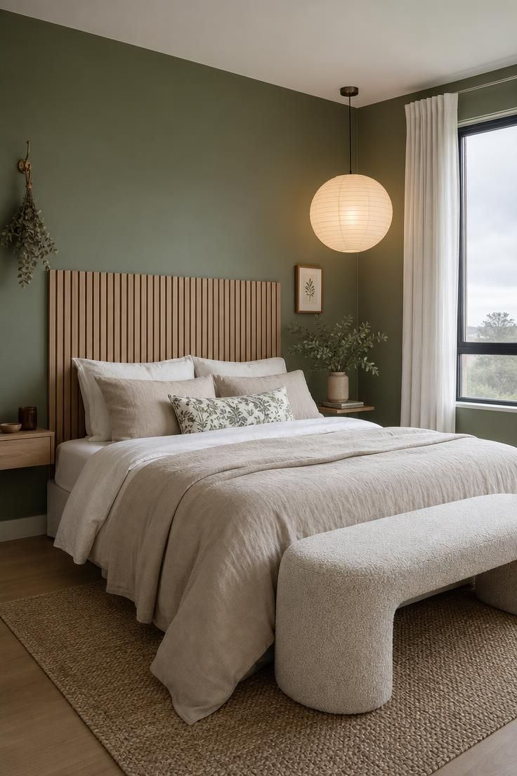 11 Cute Bedroom Ideas for Teens That Feel Super Cozy 6 Teen bedroom with eucalyptus green wall, pale wood slat headboard, white and flax bedding, and a hanging dried eucalyptus bundle.