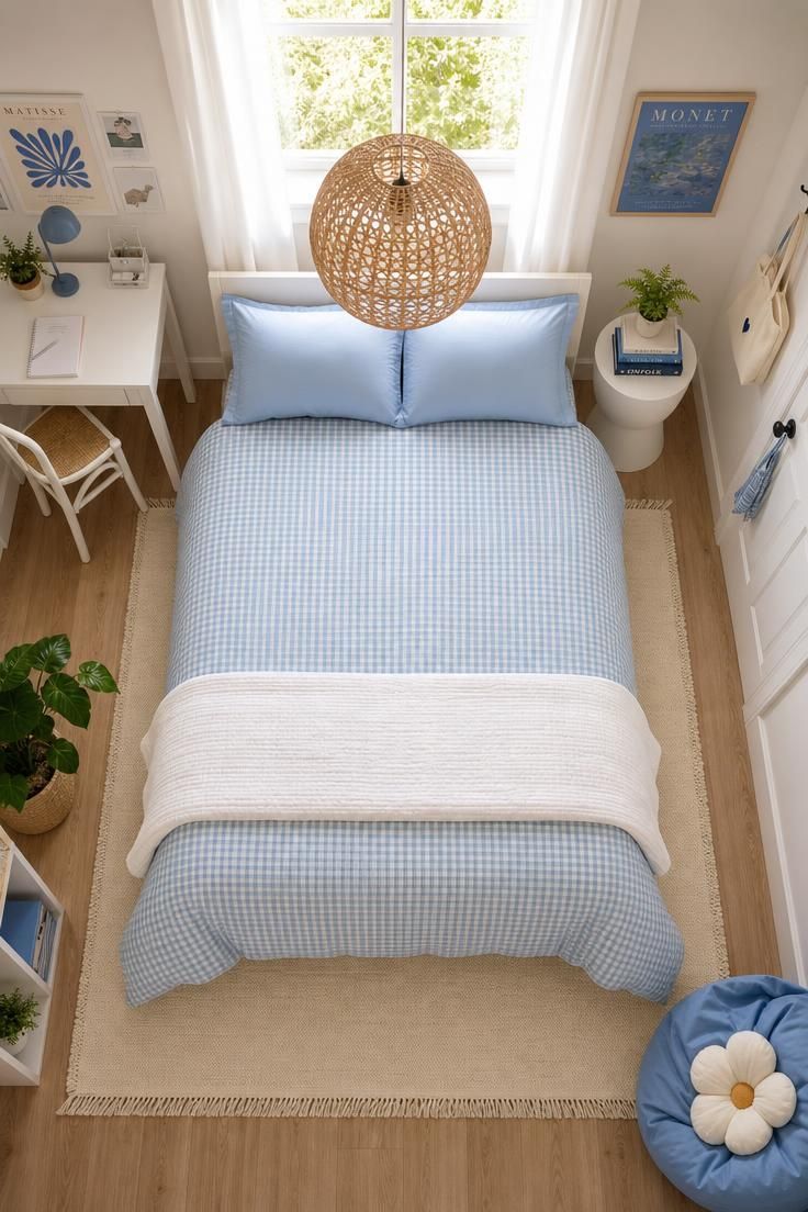 11 Cute Bedroom Ideas for Teens That Feel Super Cozy 7 Overhead view of a teen bed with sky-blue gingham duvet, white quilt, woven paper pendant light, and small potted fern on a white side table.