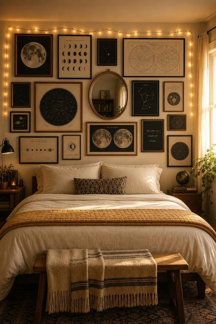 11 Cute Bedroom Ideas for Teens That Feel Super Cozy 9 Teen bedroom gallery wall with celestial prints and a round brass mirror above a cream bed with a gold quilted blanket.