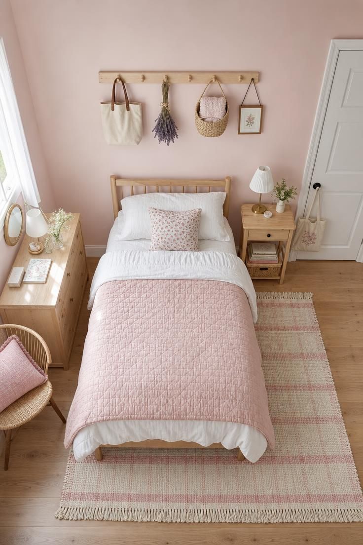 11 Cute Bedroom Ideas for Teens That Feel Super Cozy 10 Pale pink teen bedroom wall with a pale wood peg rail holding a tote bag, lavender bundle, woven basket, and framed mini print above a white bed.