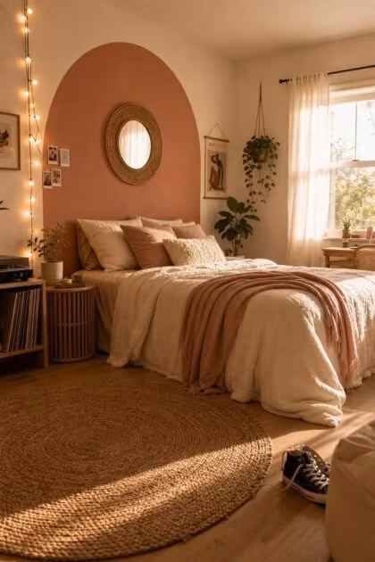 11 Cute Bedroom Ideas for Teens That Feel Super Cozy Cozy teen bedroom with a dusty rose painted arch, layered cream bedding, rattan mirror, warm string lights, and a small plant on a wood side table.