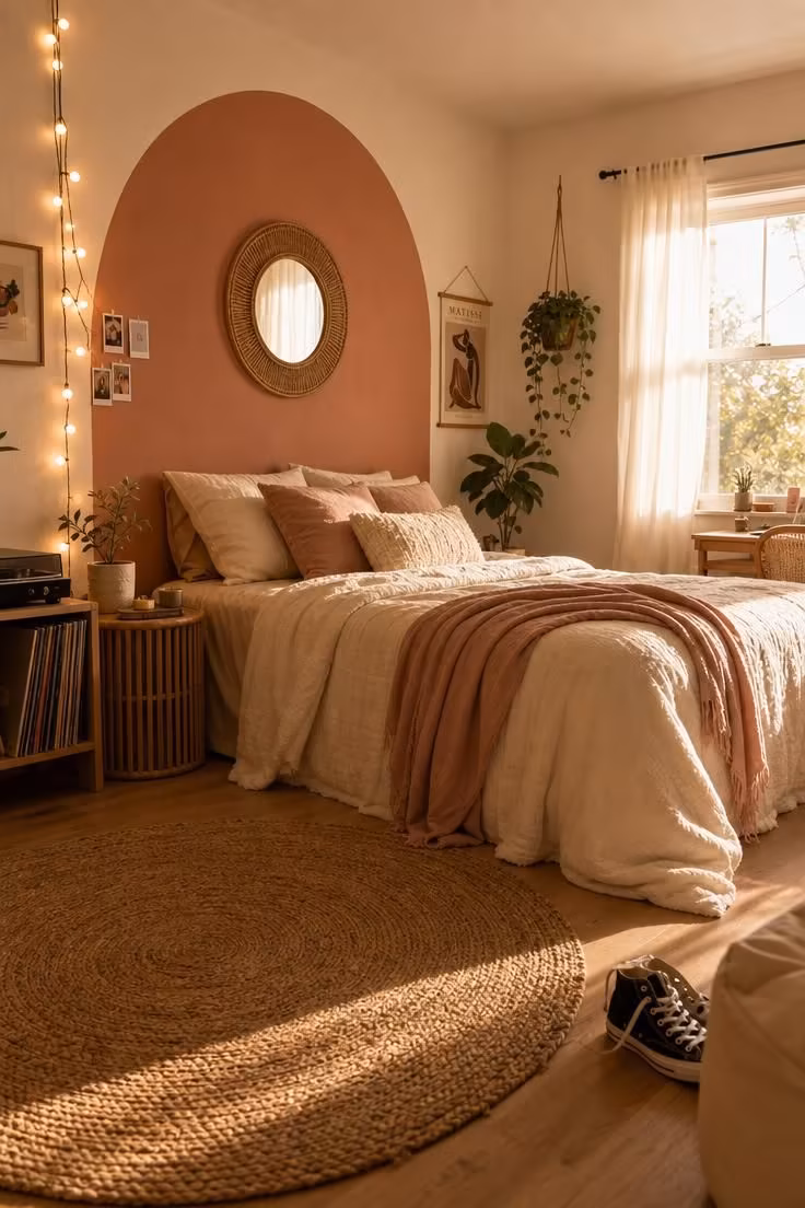 Simple Spaces 14 Cozy teen bedroom with a dusty rose painted arch, layered cream bedding, rattan mirror, warm string lights, and a small plant on a wood side table.