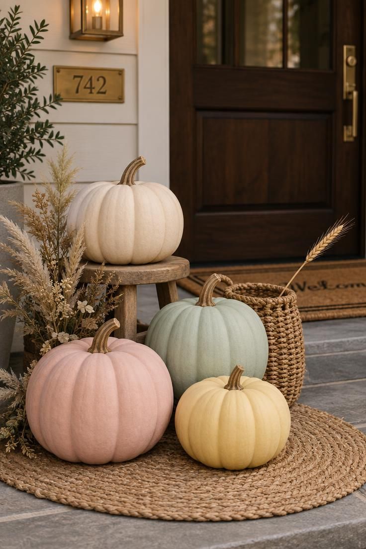 10 Cute Halloween Decor Ideas for a Warm, Friendly Home 1 A front step styled with four matte pastel pumpkins in blush, mint, cream, and butter yellow at staggered heights on a small stool and directly on the step, with dried grasses, a jute mat, and a woven basket in warm porch light.