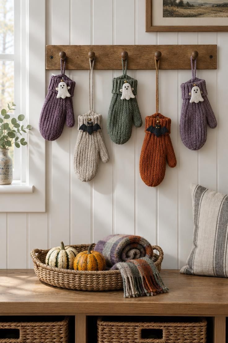 10 Cute Halloween Decor Ideas for a Warm, Friendly Home 2 A wooden coat rack holding mismatched knit mittens in purple, oat, sage, and orange, each cuff pinned with a small felt ghost or bat, above a bench tray with gourds and a scarf.