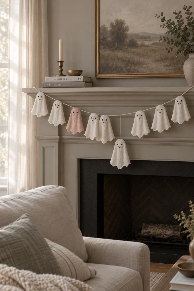 10 Cute Halloween Decor Ideas for a Warm, Friendly Home 3 A mantel draped with a garland of white muslin ghost silhouettes with stitched smiles on cream twine, one hanging lower than the rest, lit by soft afternoon light.