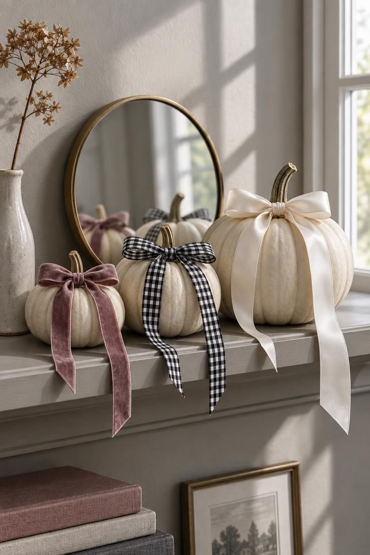 10 Cute Halloween Decor Ideas for a Warm, Friendly Home 4 Three mini pumpkins on a shelf, each with a different ribbon bow at the stem in velvet, gingham, and satin, with a small mirror behind catching the colors.