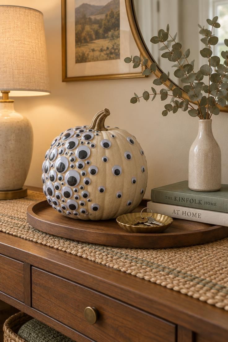 10 Cute Halloween Decor Ideas for a Warm, Friendly Home 5 An entry console with a large faux pumpkin covered in googly eyes of mixed sizes on a wooden tray beside a key dish, books, and a vase of dried stems.