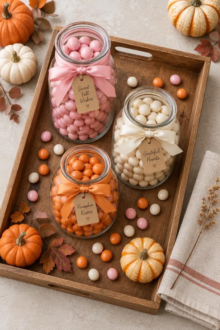 10 Cute Halloween Decor Ideas for a Warm, Friendly Home 7 Three clear glass jars of varying heights filled with pastel and orange candy on a wooden tray, each neck tied with satin ribbon and a small kraft tag.