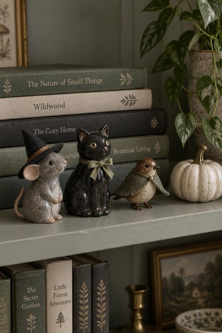 10 Cute Halloween Decor Ideas for a Warm, Friendly Home 8 Three small ceramic animal figurines on a bookshelf, each wearing a tiny felt hat or bow, arranged in front of stacked books with a mini pumpkin nearby.