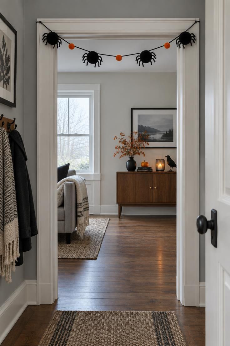 10 Cute Halloween Decor Ideas for a Warm, Friendly Home 9 A pom-pom spider garland with black round bodies and short curled pipe-cleaner legs draped across a doorway trim, with orange pom-poms between the spiders.