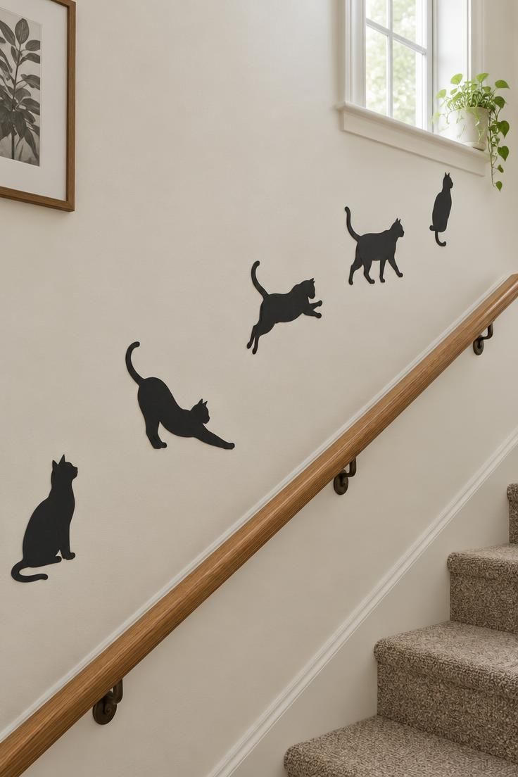 10 Cute Halloween Decor Ideas for a Warm, Friendly Home 10 Black paper cat silhouettes in varied poses ascending diagonally across a pale stairwell wall, sparsely spaced, with a wooden handrail at the bottom.