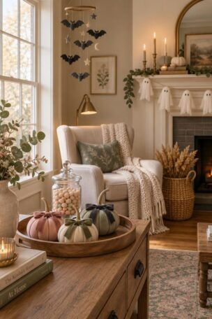 A warm living room corner with a muslin ghost garland on the mantel, pastel ribbon-topped pumpkins on a tray, a felt bat mobile in the corner, and soft afternoon light.