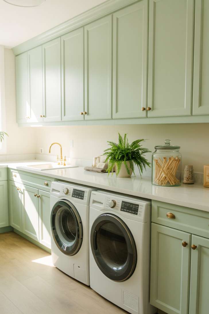 A mint green shaker cabinet laundry room with brass hardware and a white quartz countertop.