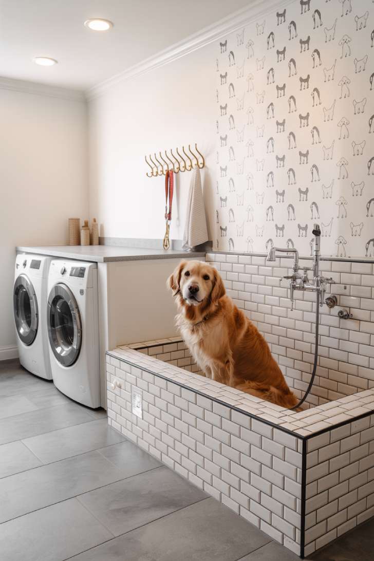A laundry room with a built-in floor-level dog wash station, subway tile basin, and dog-breed wallpaper.