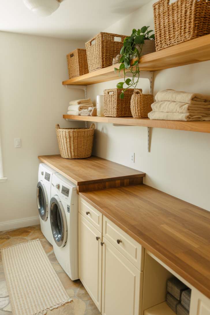 A warm, natural laundry room with honey wood shelves, woven baskets, walnut butcher block, and a striped cotton rug.