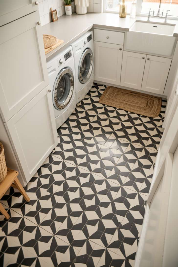 A laundry room with black and white patterned encaustic floor tile and white cabinets.