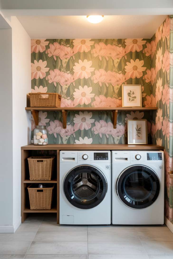 A laundry room with floral wallpaper in pink and green behind a stacked washer and dryer.