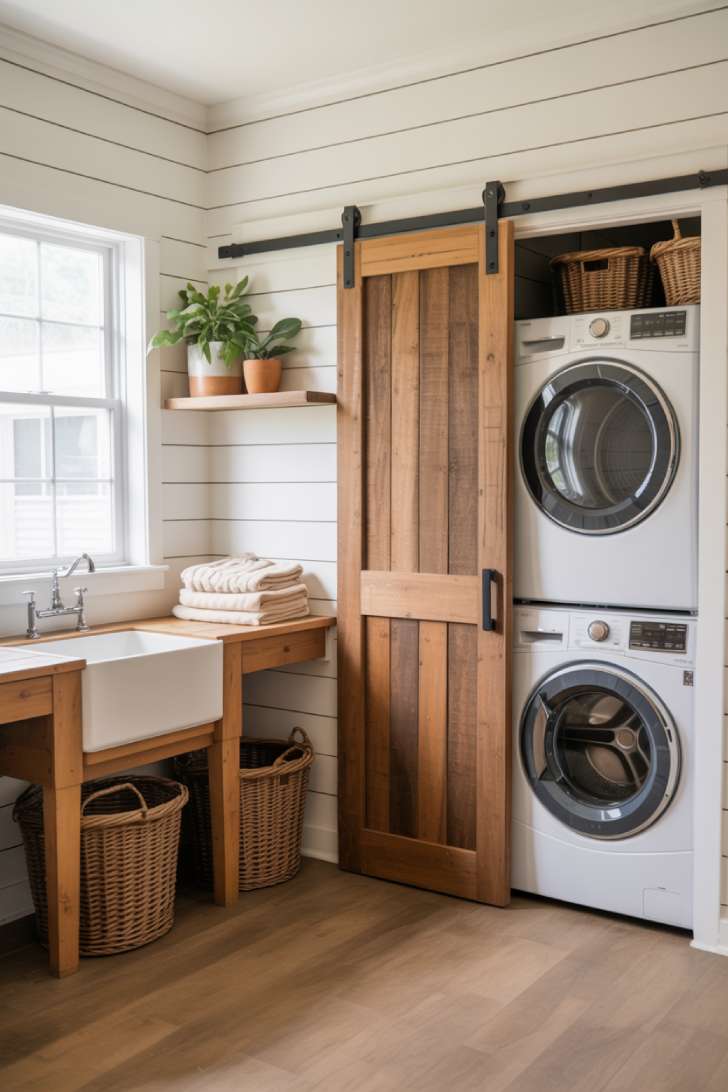 A farmhouse laundry room with a sliding barn door, shiplap walls, and a white apron-front sink.