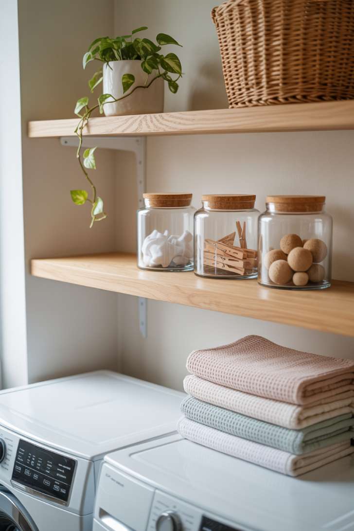 Floating oak shelves above a washer and dryer holding glass jars, towels, and a small trailing plant.