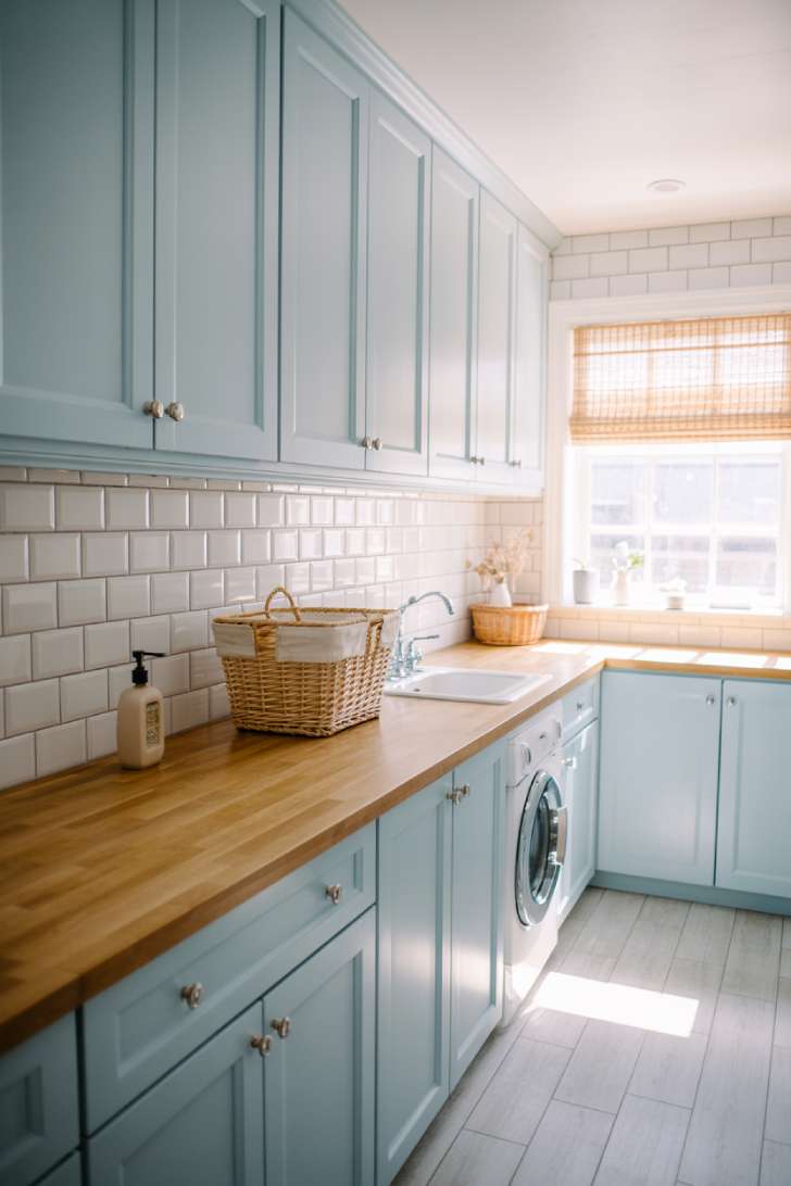 A coastal-style laundry room with sky-blue cabinets, white subway tile, and a butcher-block countertop.