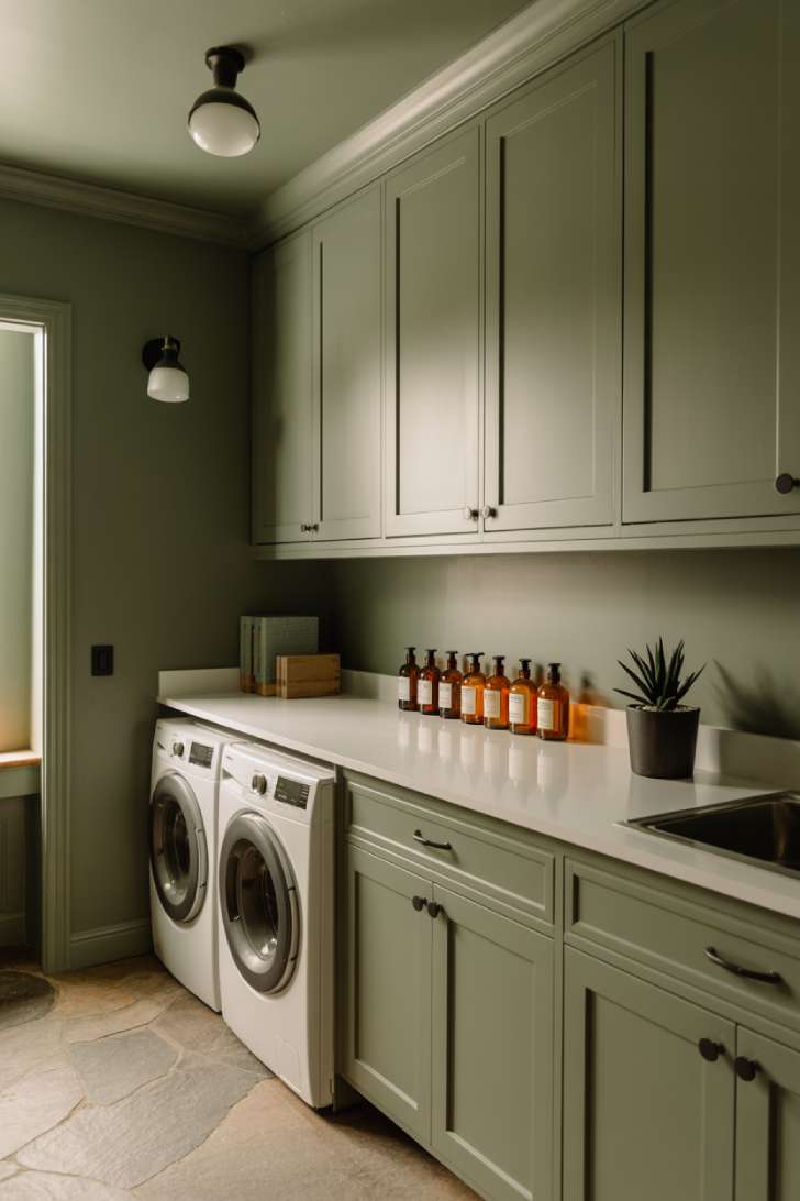 A sage green color-drenched laundry room with matte black hardware and a white countertop.