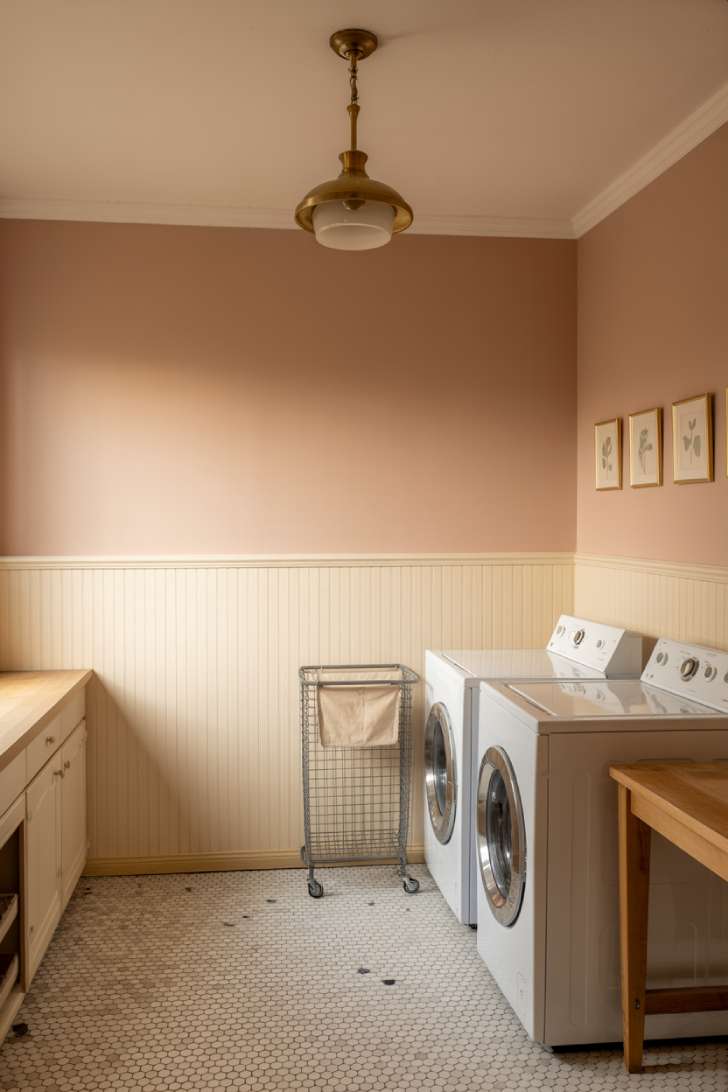 A vintage-style laundry room with dusty rose walls, penny round tile, a brass pendant light, and botanical prints.