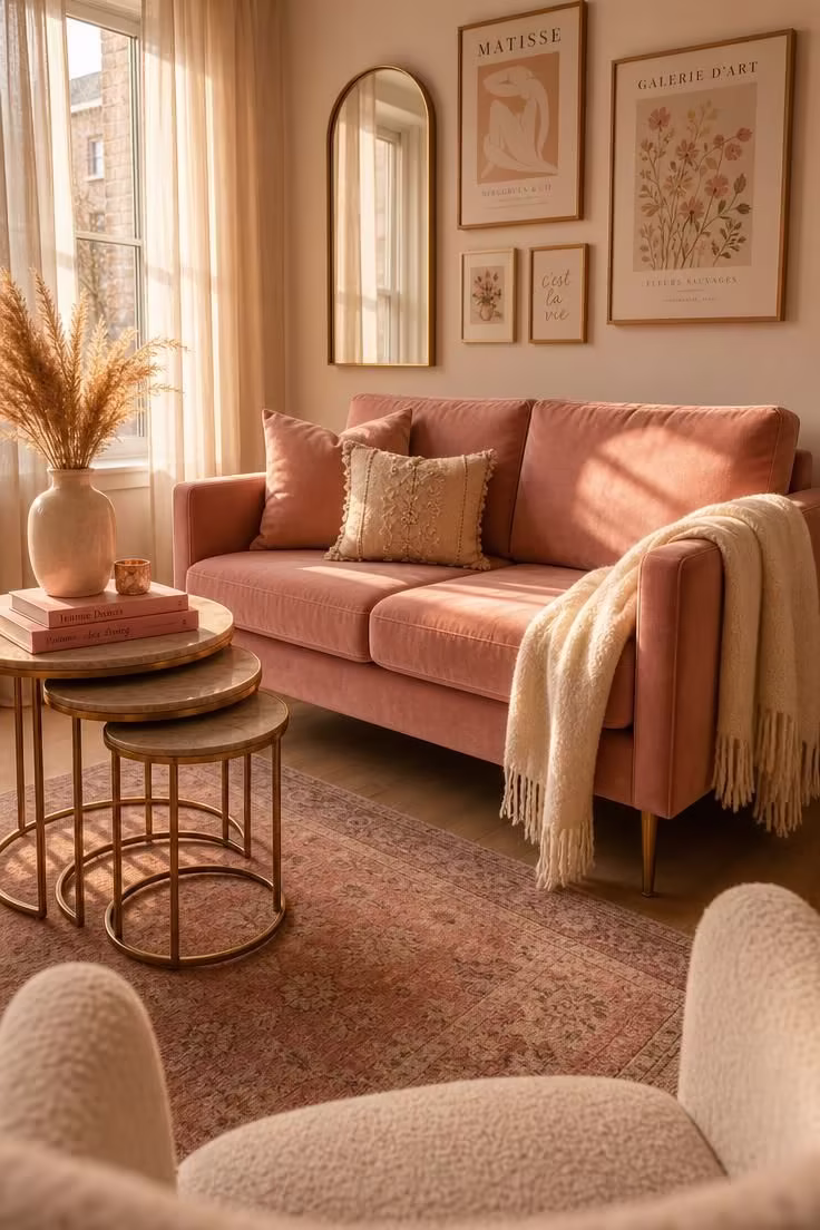 12 Cute Living Room Ideas for Apartments That Feel Like Home 1 Blush velvet sofa with brass nesting tables in a small apartment living room bathed in warm golden light.