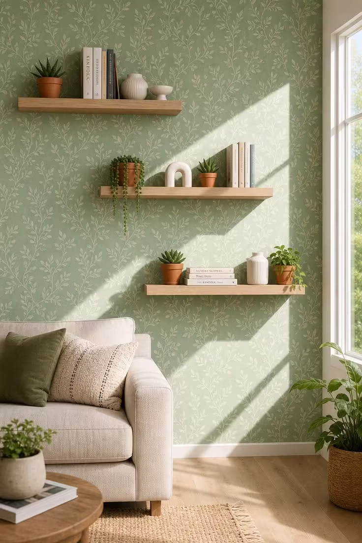 12 Cute Living Room Ideas for Apartments That Feel Like Home 3 Sage green peel-and-stick wallpaper with floating wooden shelves styled with plants and ceramics in bright midday light.