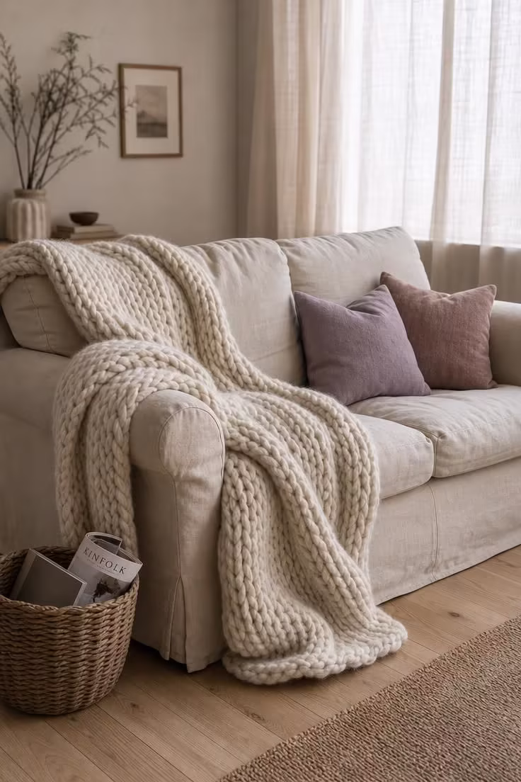 12 Cute Living Room Ideas for Apartments That Feel Like Home 4 Cream linen loveseat with an oversized oatmeal knit blanket and pastel pillows in soft diffused apartment light.