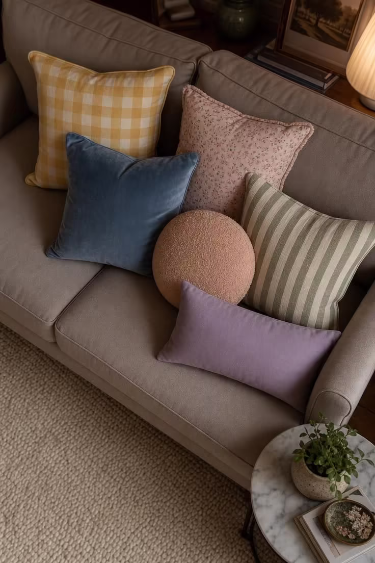12 Cute Living Room Ideas for Apartments That Feel Like Home 5 Overhead view of mismatched pastel throw pillows on a neutral sofa in a moody low-lit apartment living room.