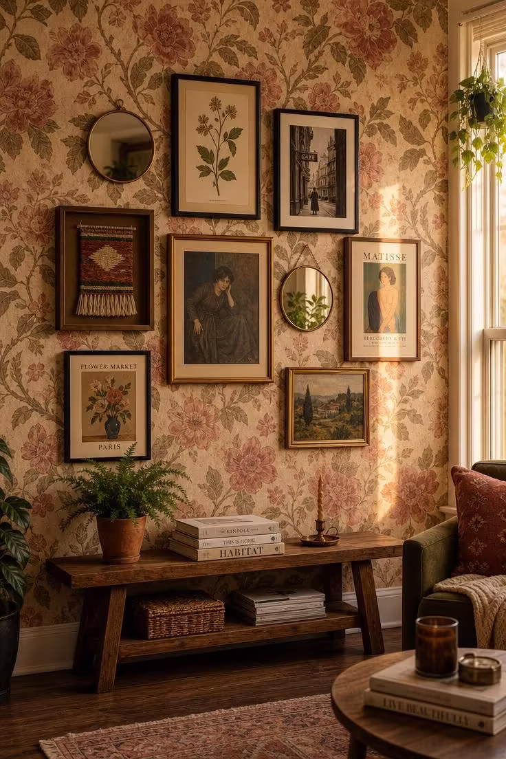 12 Cute Living Room Ideas for Apartments That Feel Like Home 6 Warm-toned floral peel-and-stick wallpaper with an eclectic gallery wall display of mirrors, prints, and textile art.