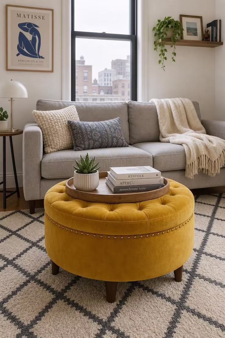 12 Cute Living Room Ideas for Apartments That Feel Like Home 7 Mustard velvet storage ottoman used as a coffee table in a small apartment living room with cool overcast light.