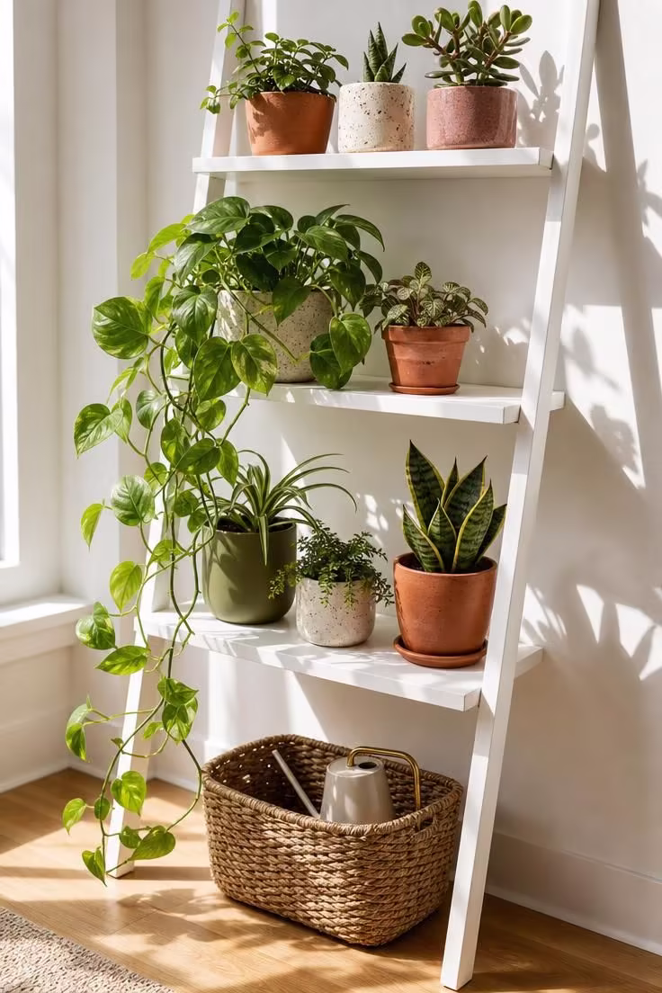 12 Cute Living Room Ideas for Apartments That Feel Like Home 8 Close-up of a white ladder shelf with trailing pothos and ceramic pots in bright midday apartment light.