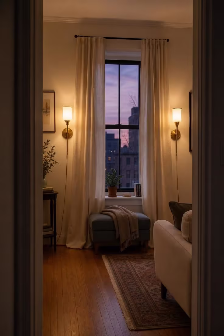 12 Cute Living Room Ideas for Apartments That Feel Like Home 9 Plug-in brass sconces framing a small apartment window with linen curtains viewed from a doorway perspective.