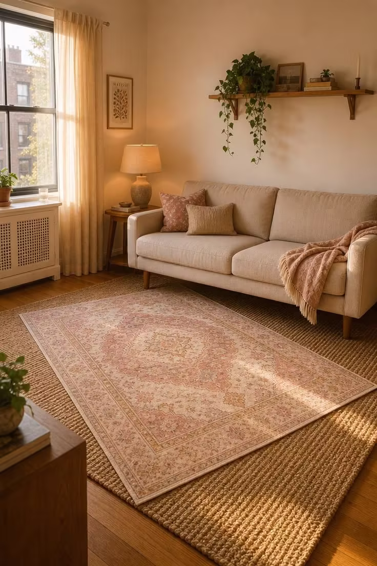 12 Cute Living Room Ideas for Apartments That Feel Like Home 11 Layered jute and printed rugs in a warm golden-lit apartment living room with a compact oatmeal sofa.