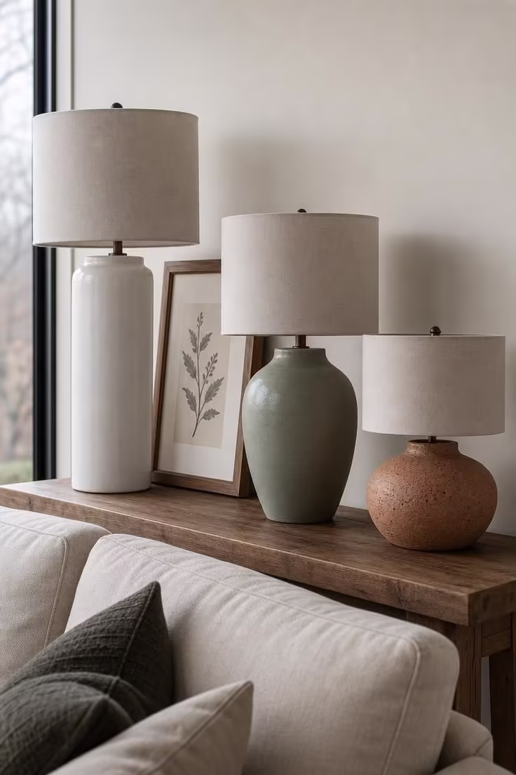 12 Cute Living Room Ideas for Apartments That Feel Like Home 12 Three ceramic lamps of varying heights on a narrow console table behind a sofa in cool overcast apartment light.