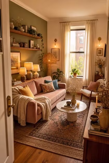 12 Cute Living Room Ideas for Apartments That Feel Like Home A fully styled apartment living room with blush velvet sofa, layered rugs, sage accent wall, and warm layered lighting.