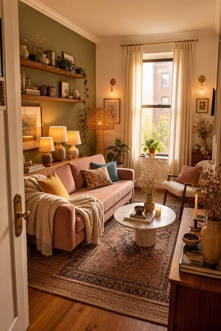 Simple Spaces 14 A fully styled apartment living room with blush velvet sofa, layered rugs, sage accent wall, and warm layered lighting.