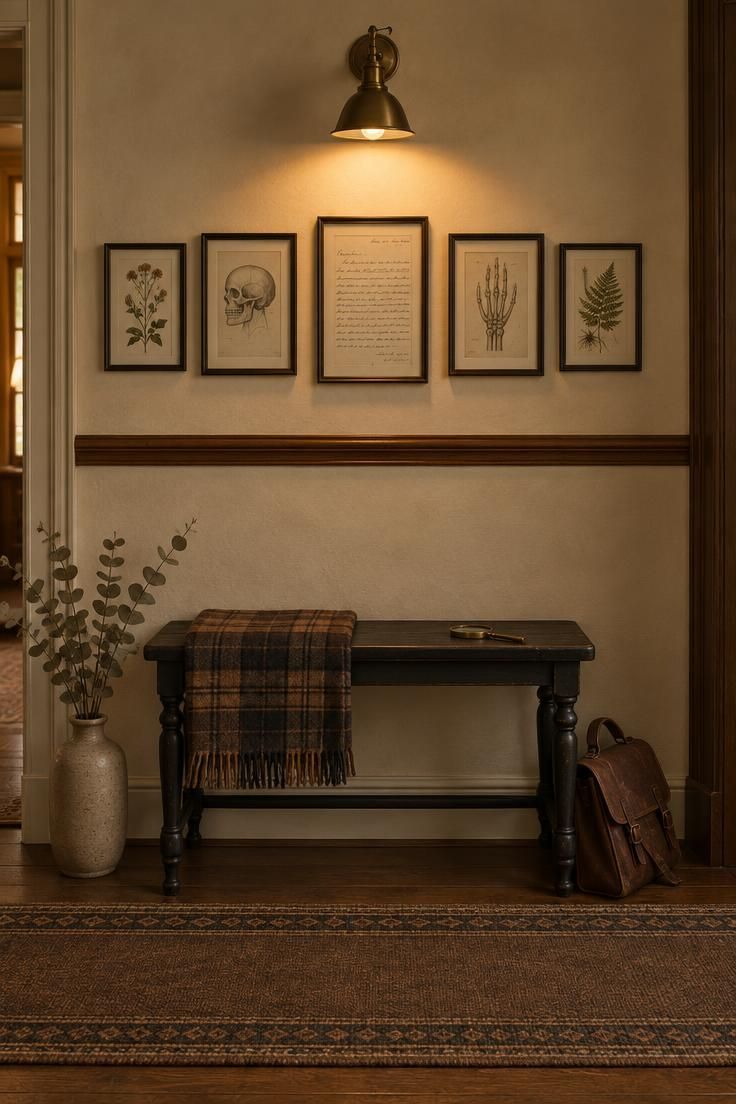 A narrow hallway with a walnut picture rail holding five small framed botanical and anatomical prints, lit by a centered brass sconce, with a slim dark bench and tartan throw below.
