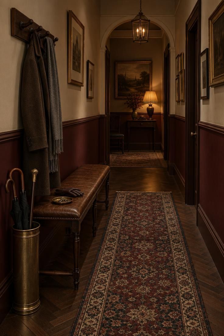 A hallway with deep oxblood lower walls and parchment upper walls above a chair rail, dark herringbone floor, a worn leather bench, brass umbrella stand, and a narrow Persian-style runner.